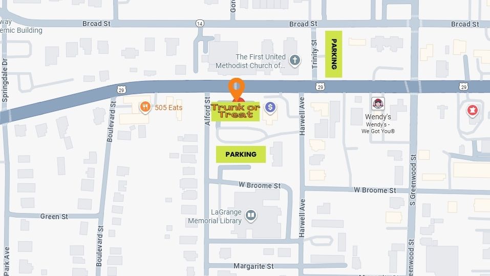 Location: First United Methodist Church Parking Lot (across from the street from Waffle House)
Address: 405 Vernon Street, LaGrange, GA
Parking: Parking will be available at the LaGrange Memorial Library and in the church parking lot on Trinity Street.